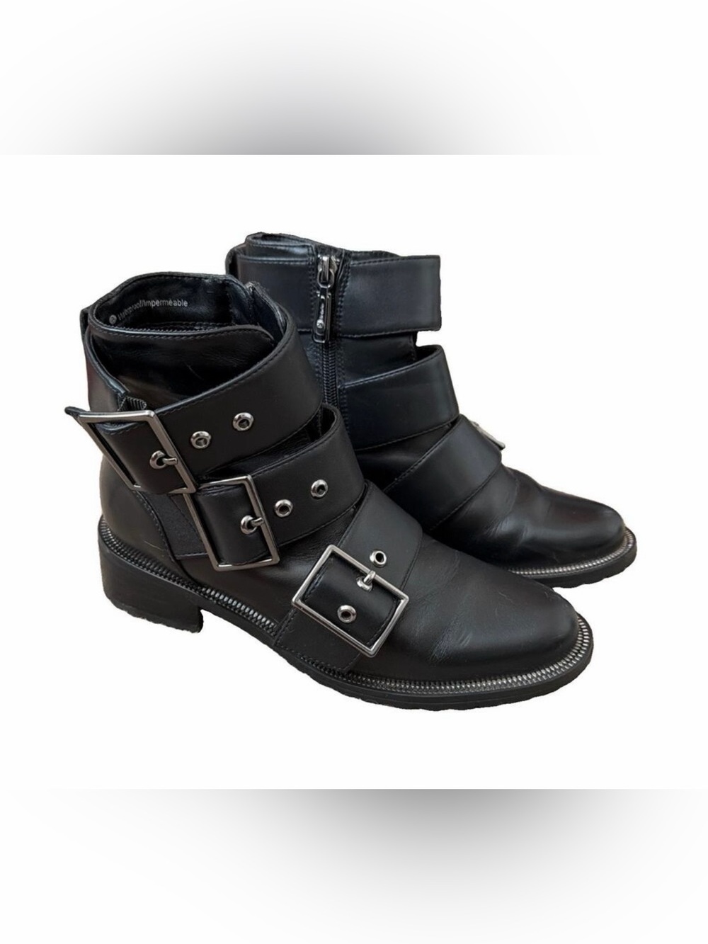 Blondo Camila Moto Biker Leather Booties Womens 6.5 Black Waterproof Side Zip